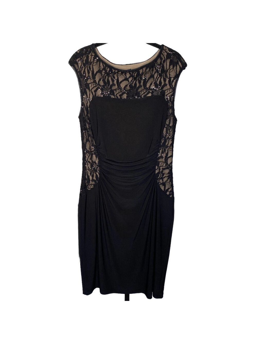 Lauren Ralph Lauren Black Lace Sequin Gathered Stretch Dress Sz 12 Gorgeous!